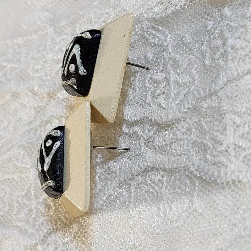 Boho Tribal Chunky Black, White and Cream Pierced Earrings